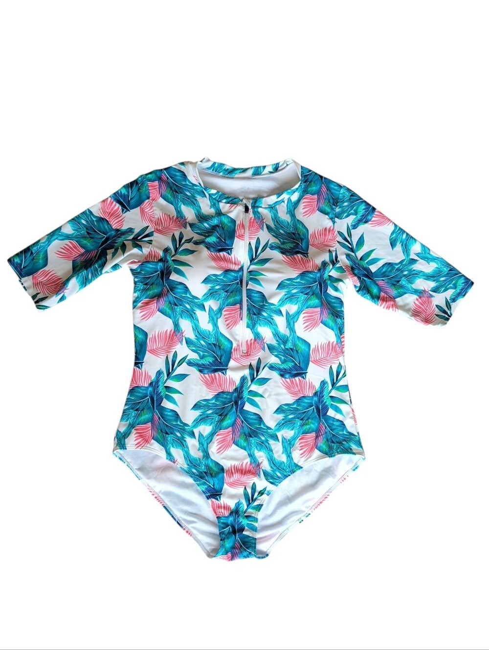 Tropical Palm Leaf Zip Front One Piece Surf Style Suit with Padding